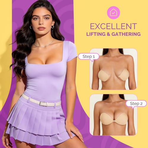 Invisible Sticky Bra Push Up - Reusable Silicone, B Cup, Beige (2 Pack)