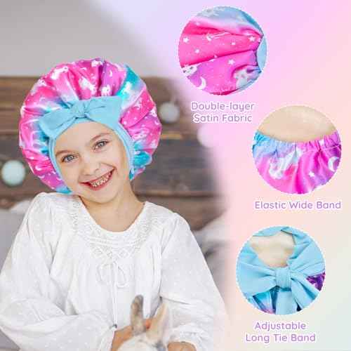 2 PCS Kids Bonnets for Girls, Satin Silk Bonnet for Kids Toddler Bonnet for Sleeping Cap with Elastic Tie Band Hair Bonnet