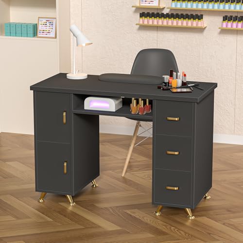 Black Nail Tech Manicure Table with Drawers | Professional Salon Desk