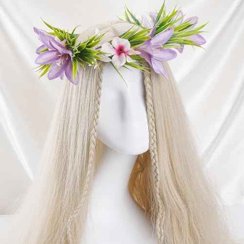 Hawaiian Leis Flower Headband - Hawaii Floral Headpiece Tropical Luau Flower Crown with Ribbon Lei Luau Dress Up Accessory Summer Beach Wedding Party Festival Photos (Purple, Pink)
