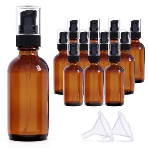 12Pack 60ml Amber Glass Pump Bottle with Black Top,2oz Small Dispenser, Travel Size Refillable Botttles For Lotions,Sercums,Essential Oils