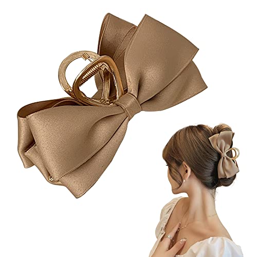 Satin Bow Claw Clip Large Hair Bow Khaki Bow Hair Clip for Women Casual & Formal Wear Stylish and Elegant Big Hair Bow Non-slip Strong Hold For Girls and Women with Thick and Thin Hair