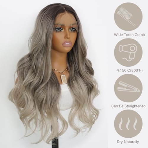 Ash Gray Wavy Synthetic Wig 3 Tone Ombre Grey 13¡¿4 Lace Front Wigs Heat Resistant Fiber Wig for Women 24 Inches 150 Density