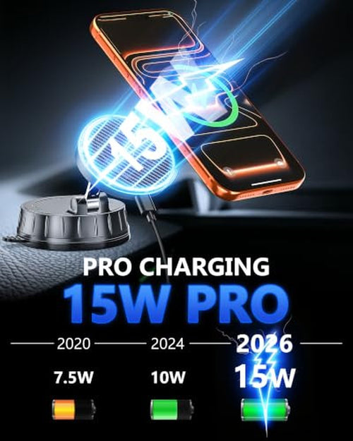 15W MagSafe Car Charger Mount with Dual Input & 360° Rotation