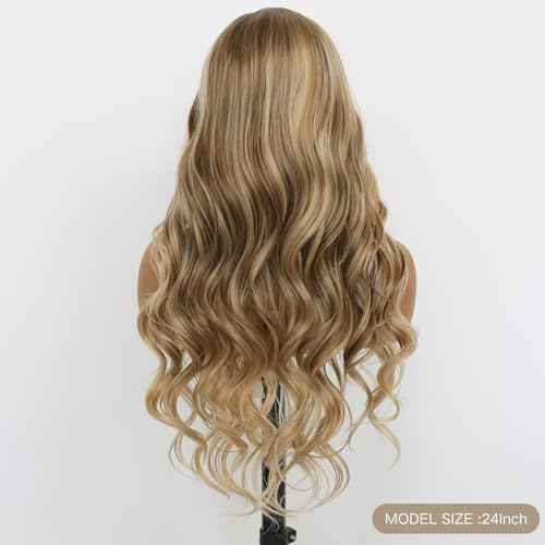 Ombre Blonde Wavy 13¡¿4 Lace Front Wigs Mixed Brown and Blonde Color Ombre Lace Front Synthetic Wig Heat-resistant Fibre Wig For Daily party Use£¨24Inch£©