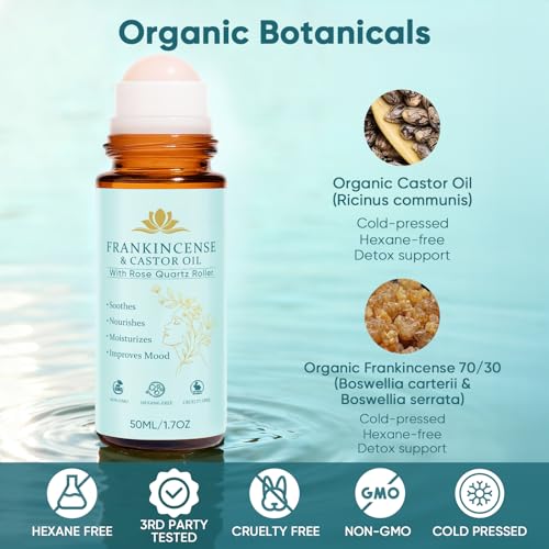 Frankincense and Castor Oil, Castor Oil Roll On with Rose Quartz, 100% Pure, Organic, Cold-Pressed, Firms Skin, Reduces Fine Lines & Hormone Balance, Suitable for Face, Neck, Abdomen, 50ML/1.7OZ (1)