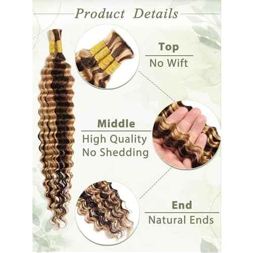 Ombre Human Braiding Hair Deep Wave Bulk Human Hair for Boho Braiding 22 Inch 100 g 4 Bundles 10A P4/27 Highlight Wet and Wavy Honey Blonde Curly Human Hair Extensions