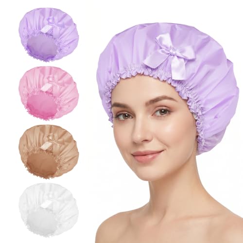 Large Waterproof Shower Cap for Women - 4 Pack, White Pink Purple Light Coffee