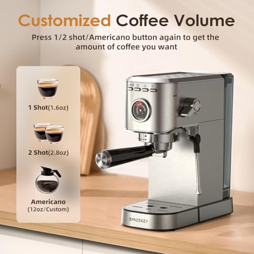 Spacekey Silver Espresso Machine with Milk Frother, 20 Bar Compact Coffee Maker for Home, 39oz Removable Water Tank