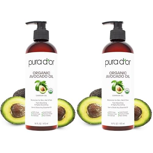 PURA D'OR 16 Oz ORGANIC Avocado Oil-100% Pure&Natural USDA Certified Cold Pressed Carrier Oil For DIY Beauty,Non-Greasy,Unscented,Hexane Free Liquid Moisturizer-Face Skin&Hair-Men-&Women,(Pack of 2)