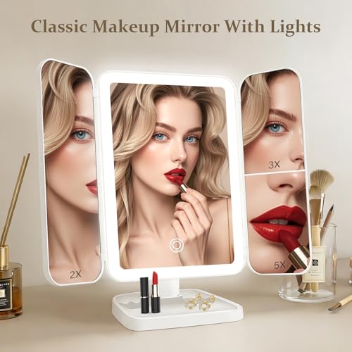 Jesmaikor White 3-Panel Lighted Makeup Mirror with 1x/2x/3x Magnification, 180° Rotating, Rechargeable