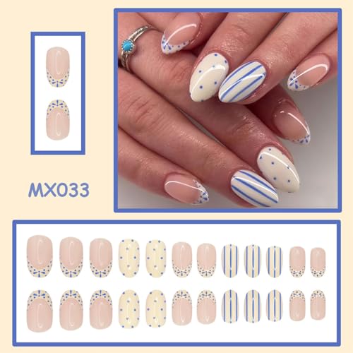 French Tip Press On Nails Short Almond 24pc Polka Dot Blue