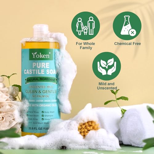 Yoken Pure Castile Soap Liquid Unscented 67 fl oz Castile Liquid Soap Made With Organic Oil, Clean & Gentle, No Palm Oil,Vegan, Natural Castile Soap for Face Body Wash, Hand Soap, Dishes Multi-purpose