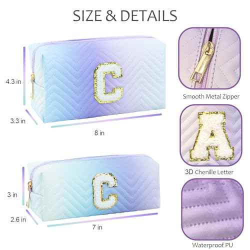 2-Pack Quilted Makeup Bag Set ? Cute Cosmetic Pouch for Travel, Toiletries, Purse & Organizer ? Large Small Zipper Makeup Bags, Personalized Initial Gift for Women, Teens, Girls, Purple C