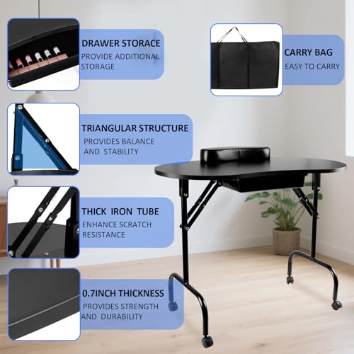 37" Portable Manicure Table with Lockable Wheels & Storage