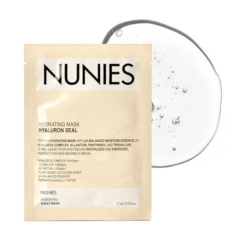 NUNIES Hydrating Sheet Mask ? Korean Moisturizing Face Mask for Dry & Sensitive Skin | 10-Layer Hyaluronic Acid, Trehalose & Allantoin | Glow, pH-Balanced | Fragrance-Free, Colorant-Free | 5 Sheets