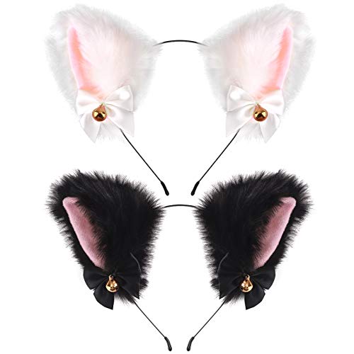 xipixiao Cat Ears Headband Plush Furry Neko Ears with Ribbon Bell for Halloween Party, Women and Kids