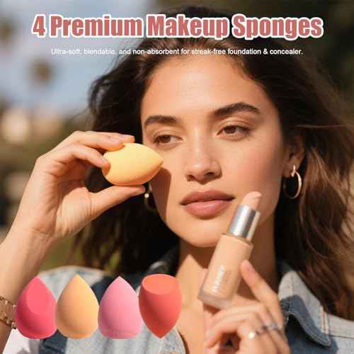 BS-MALL 14 Pcs Portable Makeup Sponge Set With Diamond-shaped Kabuki Powder Brush - Beauty Blender Sponge, Triangle Puff And Multi-functional Sponges For Liquid, Cream,With Travel Case (Orange Pink)