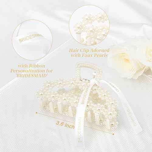 DEEKA Bridesmaid Proposal Gifts 8 Pack Pearl Bridesmaid Hair Claw Clips with Ribbon 3.7 Inch Large Hair Clips Bachelorette Party Favors Bridal Party Present Hair Accessories (Half Circle L)