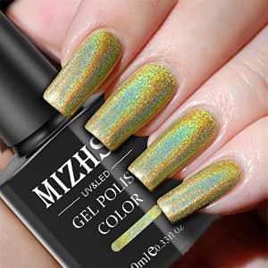 MIZHSE Green Holographic Gel Nail Polish, Laser Gel Nail Polish with Glitter Glossy Mermaid Unicorn Effect, Curing Required Nail Art Manicure Salon DIY at Home, 1PC 10Ml