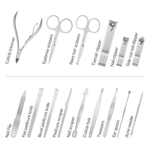 TEPRETER 15-Piece Nail Care Set with Stainless Steel Clippers & Leather Case
