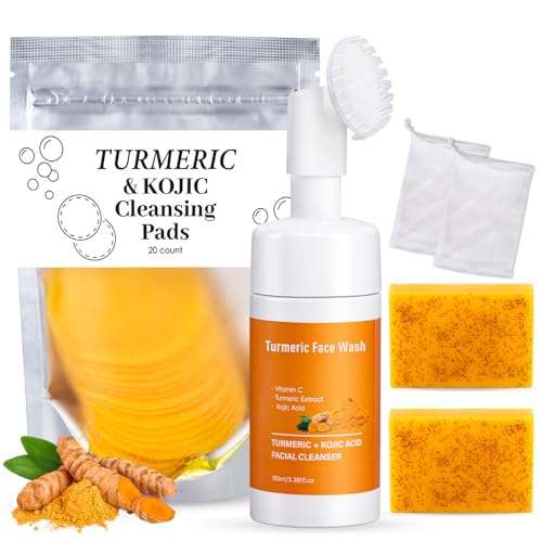 Treeroot 4Pcs Turmeric Face Wash Set: 2Pcs 70g Turmeric Kojic Acid Soap & Turmeric Face Wash with Brush & Turmeric Face Scrub Pads, Face & Body Cleanser, Cleansing Mousse for Deep Cleansing