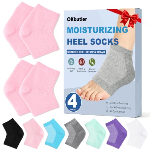 OKbutler Pink Moisturizing Heel Socks for Cracked Heel Treatment - 2 Pairs