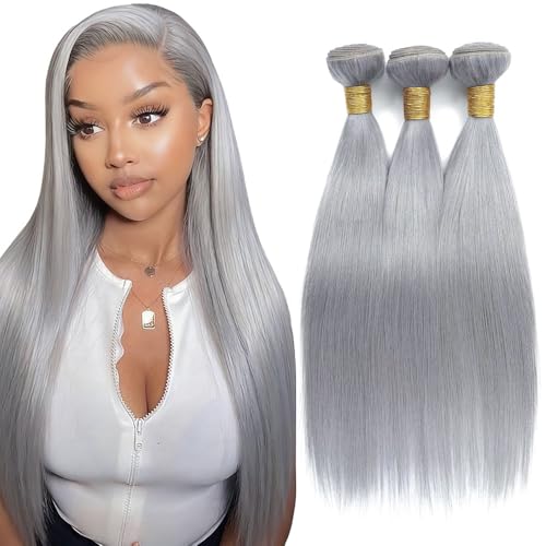 Fridnae 3 Bundles Silver Gray Straight Human Hair 14-18 Inch