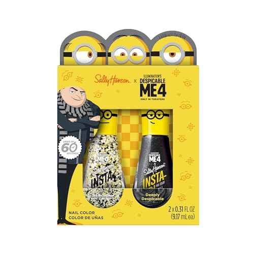 Sally Hansen Insta-Dri Despicable Me Nail Polish | Quick Dry, Long Lasting, Streak-Free Shine | Opaque, Glittery | 771 Gogglicious + 772 Deeply Despicable | Glittery White & Black Shimmer Nail Duo