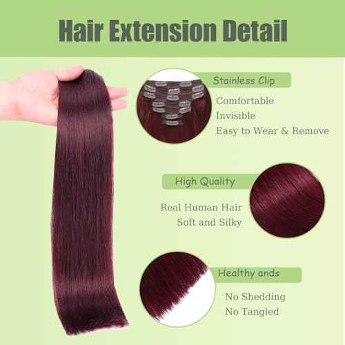 24 Inch #99J Red Clip in Hair Extensions - Real Remy Human Hair, 120g 7pcs, Burgundy Human Hair Extensions Clip ins for Women