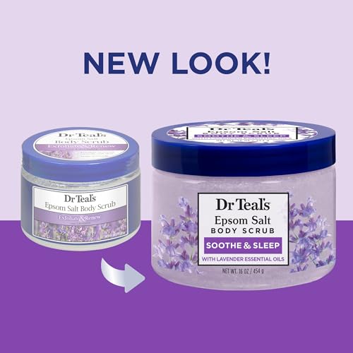 Dr Teal's Pure Epsom Salt Body Scrub, Soothe & Sleep with Lavender Essential Oils, 16 oz (Pack of 3) (Packaging May Vary)