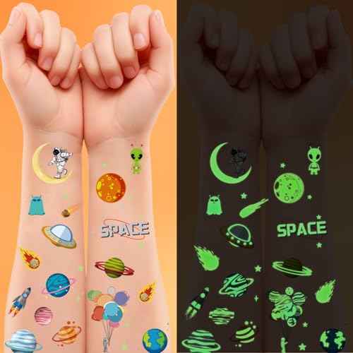 Temporary Fake Space Planets Glow In The Dark Tattoos For Kids, 80+ Pcs Space Astronaut Rocket Ship Alien Party Toys Favors Birthday Decorations For Boys Girls Teens(4 Sheets)