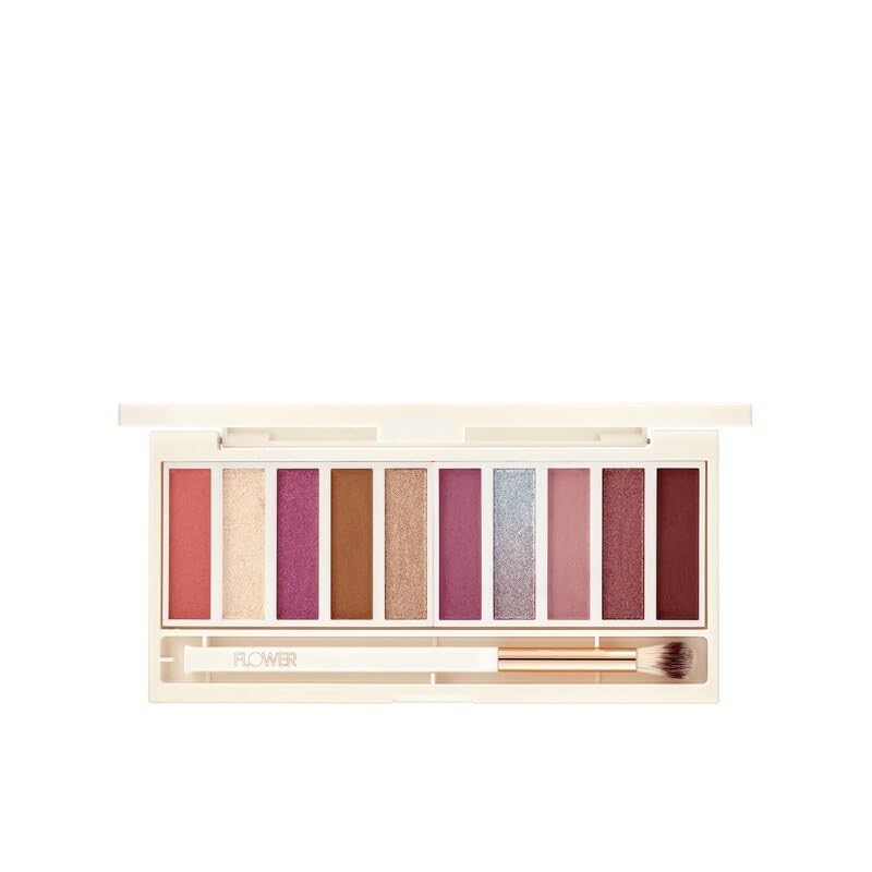 FLOWER BEAUTY By Drew Barrymore Shimmer + Shade Eyeshadow Palette - Neutral Colors + Ten Shades - Mix + Layers Shades - Easily Blendable + Rich Color Payoff - Brush Included (Sugar Rush)