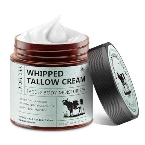 Beef Tallow for Skin, Organic Grass Fed Beef Tallow and Raw Wild Honey, Natural Whipped Tallow Balm for Face & Body Deeply Moisturizing, Body Lotion for Sensitive Skin Care, 4.2 oz