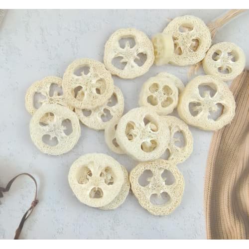 50Pcs Natural Loofah Cuts Slice of 3.15inch, Reusable Cleaner Sponge Scrubber, Facial Soap Holder and DIY Customize Soap Tools, with 3Pcs Exfoliating Loofah Pad and 1 Storage Bag