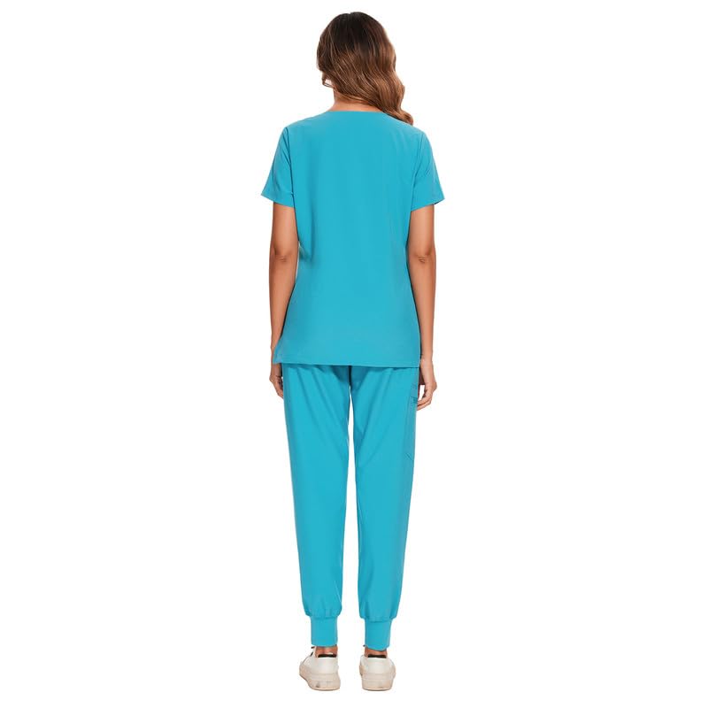 COZYFIT Scrubs for Women Set - Stretch V-Neck Scrub Top & Jogger Pant with 8 Pockets, Yoga Waistband, Anti Wrinkle, Slim Fit Women Scrubs - Teal, XS