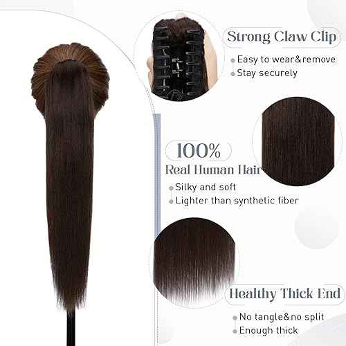 Rich Choices Claw Clip Ponytail Extension Human Hair #2 Dark Brown Real Hair Ponytail Extension Balayage 14 Inch Clip In Long Ponytail Hair Extensions Straight For Women 105g One Piece