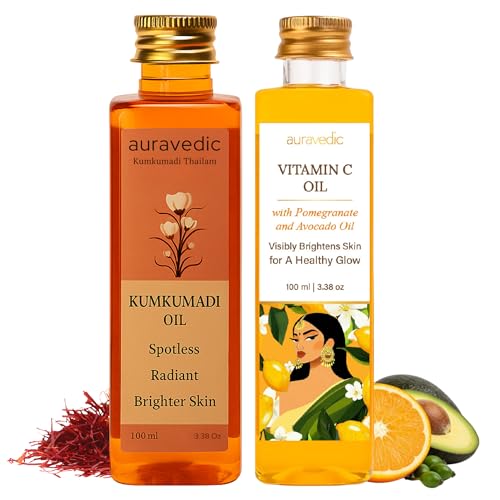 Auravedic Kumkumadi Saffron & Vitamin C Oil | Hydrating Face Moisturizer | Helps Reduce Fine Lines & Nourishes Dry, Dull Skin | Natural Facial Massage Oil | 3.38 Fl Oz (Pack of 2)