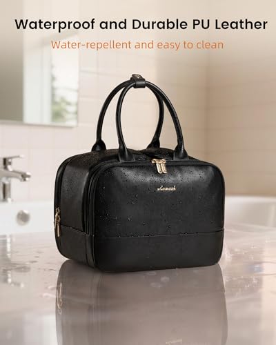 LOVEVOOK Khaki Small Leather Travel Toiletry Bag Waterproof Cosmetic Organizer