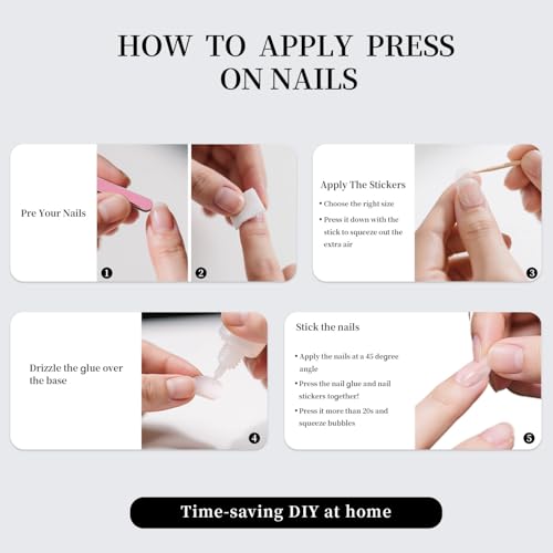 French Press On Nails Short Square Soft Pink White Tip Gold Leaf 30Pcs