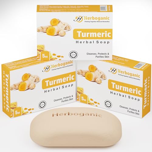 HERBOGANIC Turmeric Herbal Soap | Herbal Bar Soap with Benefits of Turmeric | Nourishes Skin | For Healthy, Radiant Skin | All Natural Bar Soap for Men and Women | 5 oz Bar (Pack of 3)……