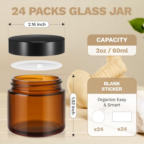 Bumobum 2 oz Small Glass Jars with Lids, 24 Pack Amber Glass Cosmetic Jars with Inner Liners, 60ml Round Empty Sample Containers for Lotion, Cream, Salve, Powders and Ointments Storage