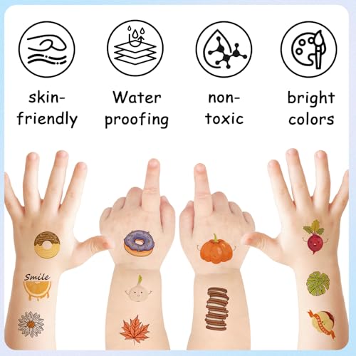 Tattoos for Kids, 12 Sheets Temporary Tattoos Stickers Set for Girls and Boys, Food Rainbow Butterfly Pumpkin Tattoos for Kids Birthday Party Supplies