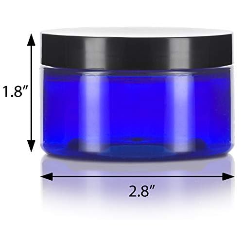 4 oz Cobalt Blue PET Plastic Low Profile Jar with Black Lids (12 pack) Refillable Empty Containers