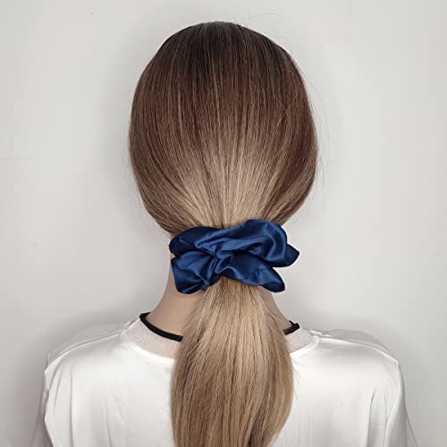 12 Pcs Satin Silk Scrunchies Soft Hair Ties Fashion Hair Bands Bow Ropes Elastics Ponytail Holders Accessories for Women and Girls (4.3 Inch, Navy Blue)