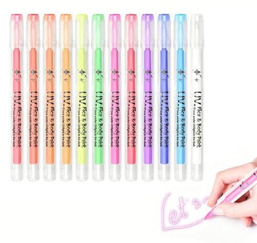 12 Glow Face Paint Pens - UV Neon Body Art Kit, Washable