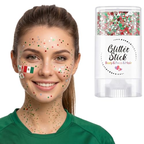 Mexico Soccer Fan Glitter Stick with 3 Mini Tattoos - Red, White, Green