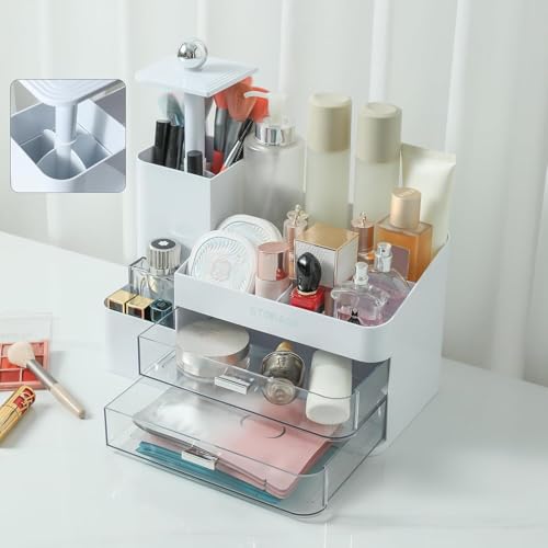 Large Makeup Organizer Countertop with Brush Holder, Make Up Organizer with Drawers, Countertop Makeup Organizers for Vanity, Multi-Functional Makeup Storage Organizer for Skincare, White
