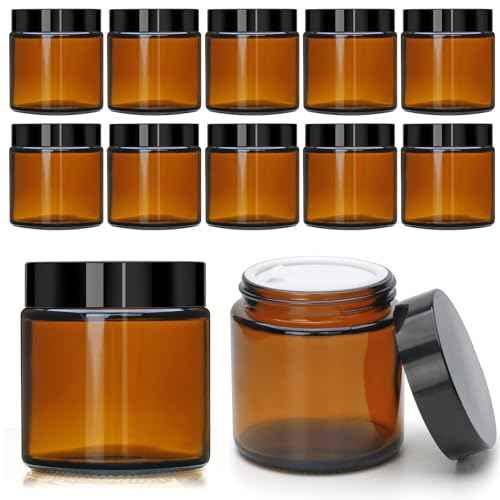 4oz Glass Amber Cosmetic Jars with Black Lids,12 Pack Empty Small Glass Jars with Inner Liners, Round Sample Container for Cream,Lotion,Ointments