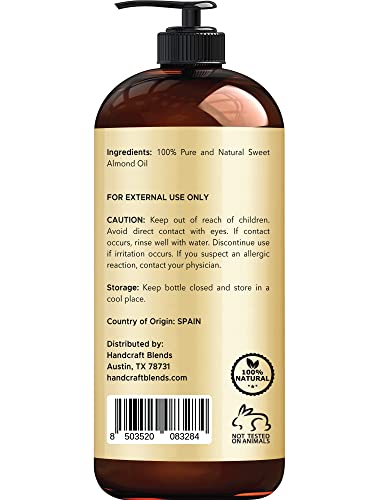 Handcraft Blends Sweet Almond Oil - 100% Pure and Natural - Premium Therapeutic Grade Carrier Oil for Essential Oils - Massage Oil for Aromatherapy - Hair Tonic - Body and Hair Oil - 16 fl. Oz